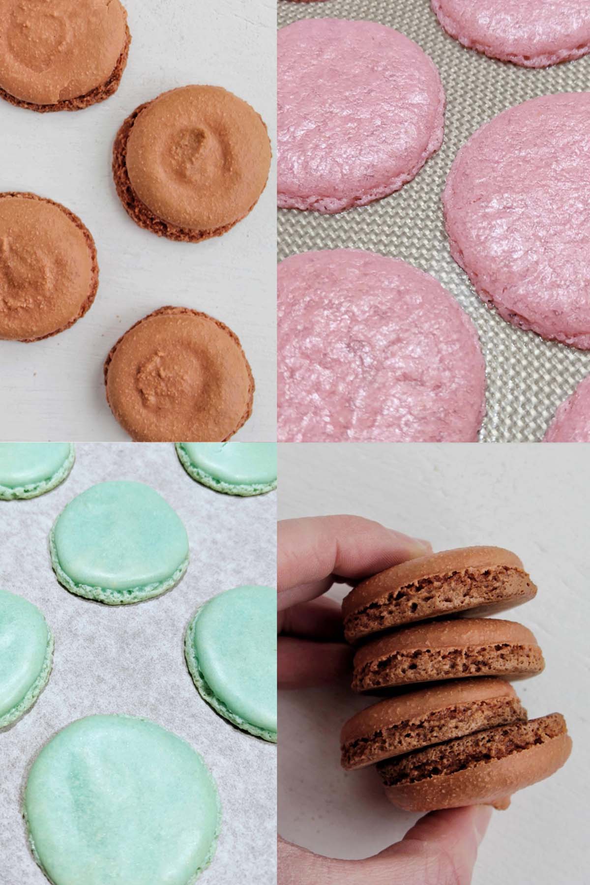 macarons with spread feet, flat feet, ruffled feet, and tall feet.