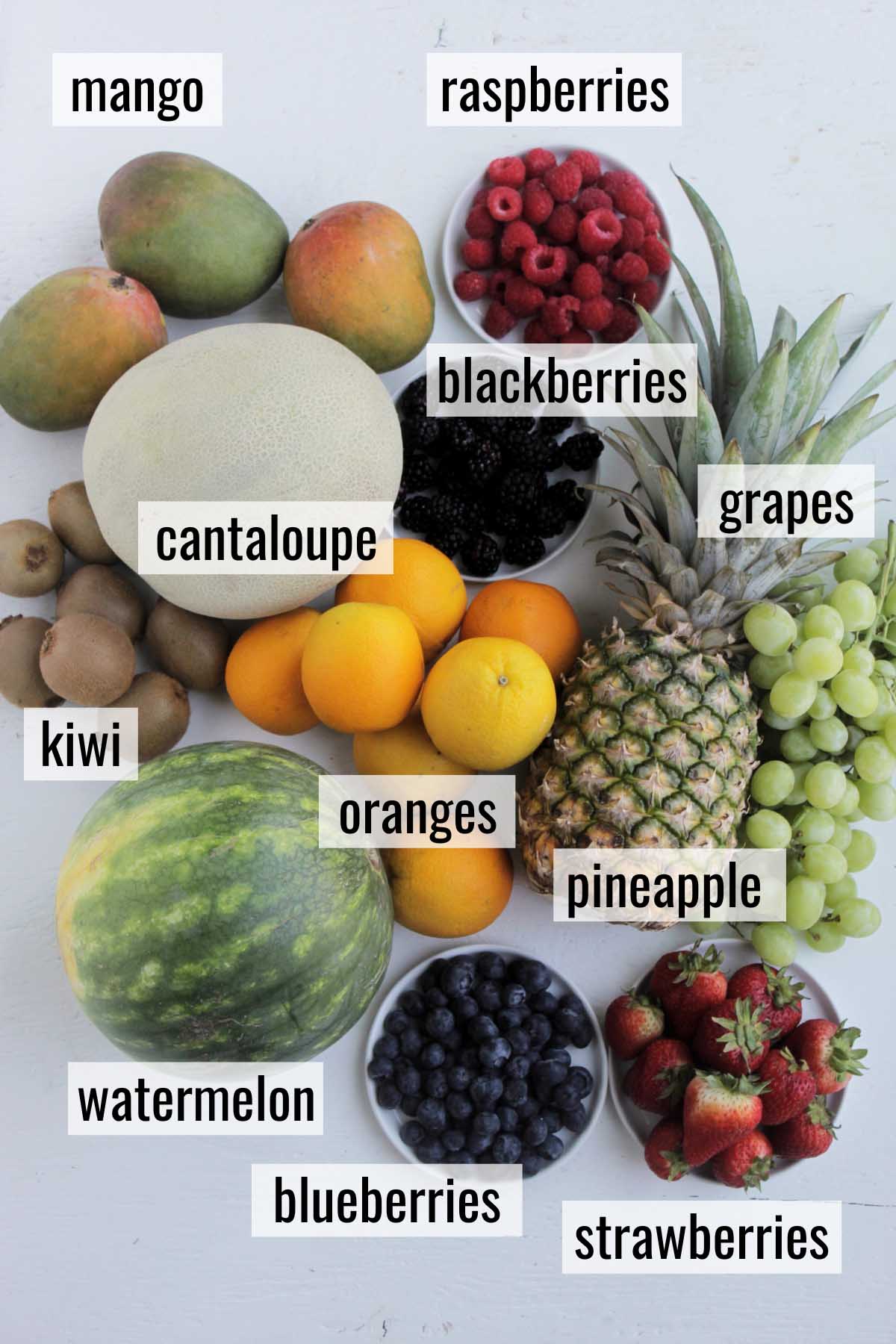 ingredients for a fruit display with labels.
