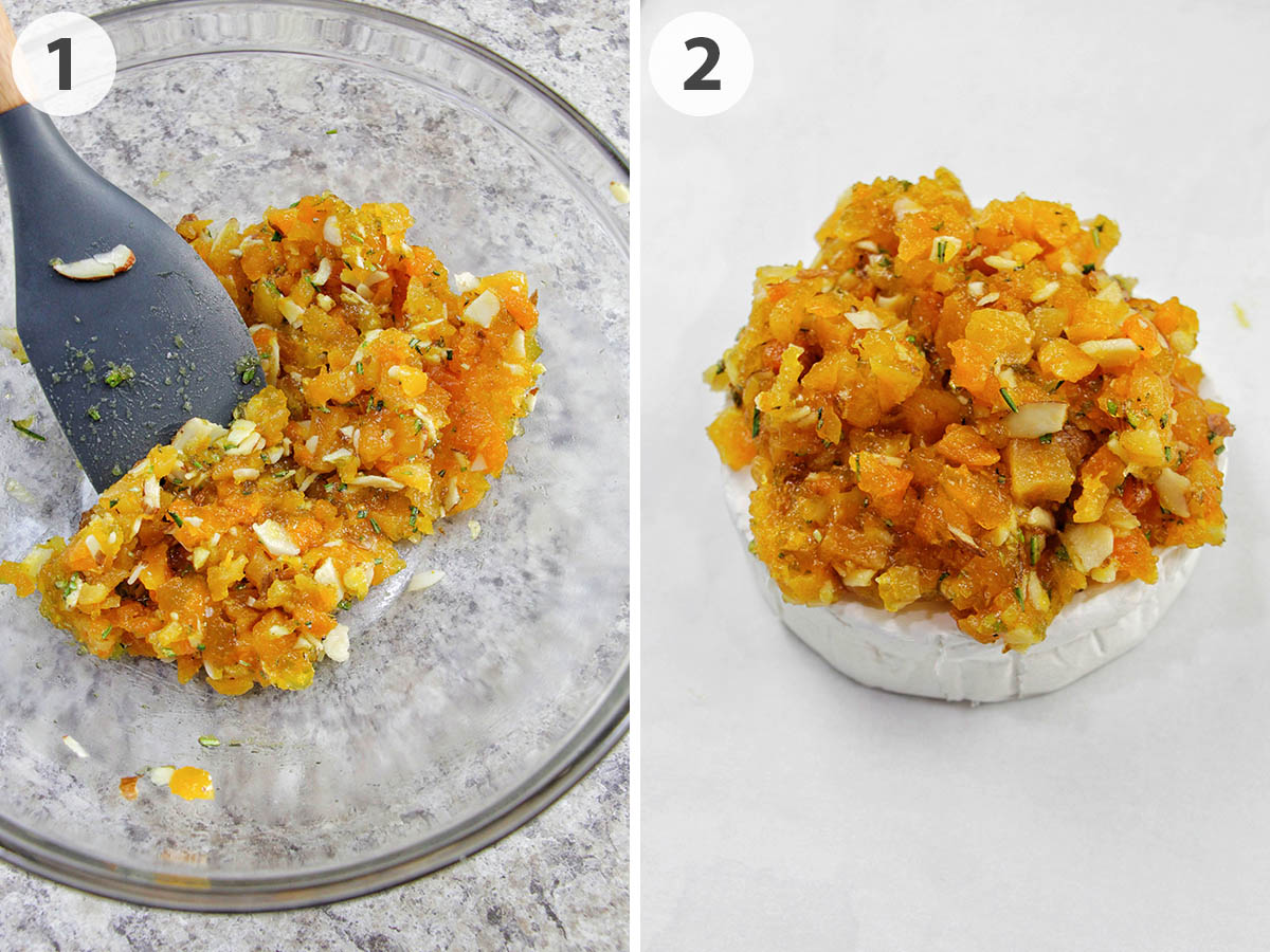 two numbered photos showing how to make apricot baked brie.