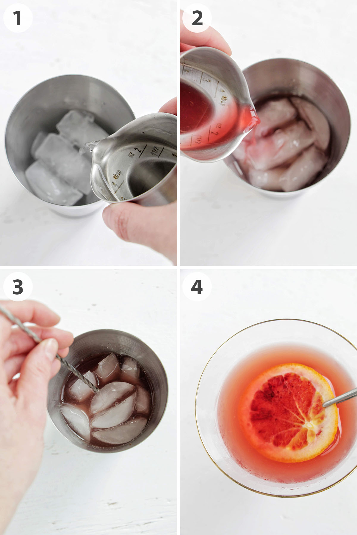 four numbered photos showing how to make a blood orange gin martini.