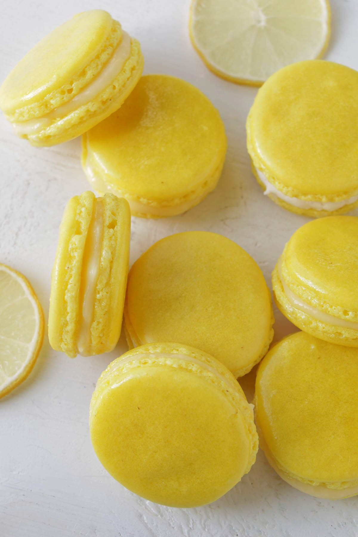 yellow macarons filled with lemon curd.