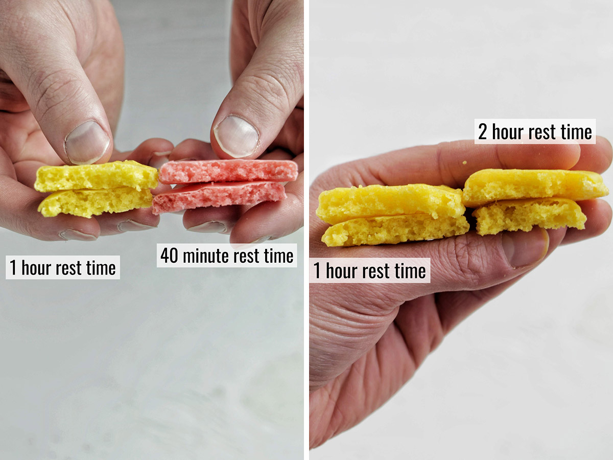 two sets of photos with labels showing the affect of various resting times for macaron shells.
