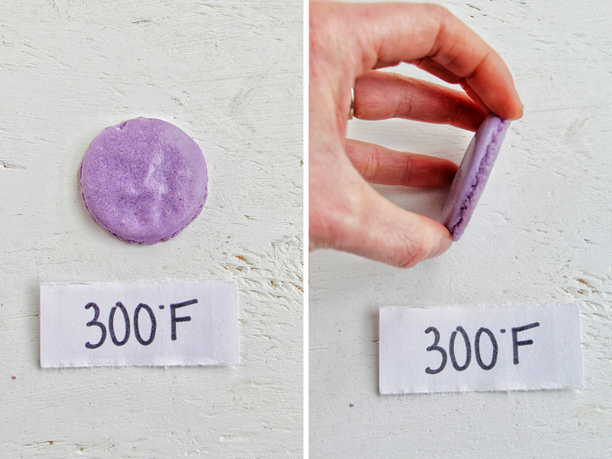two numbered photos showing macarons baked at 300 degrees Fahrenheit.