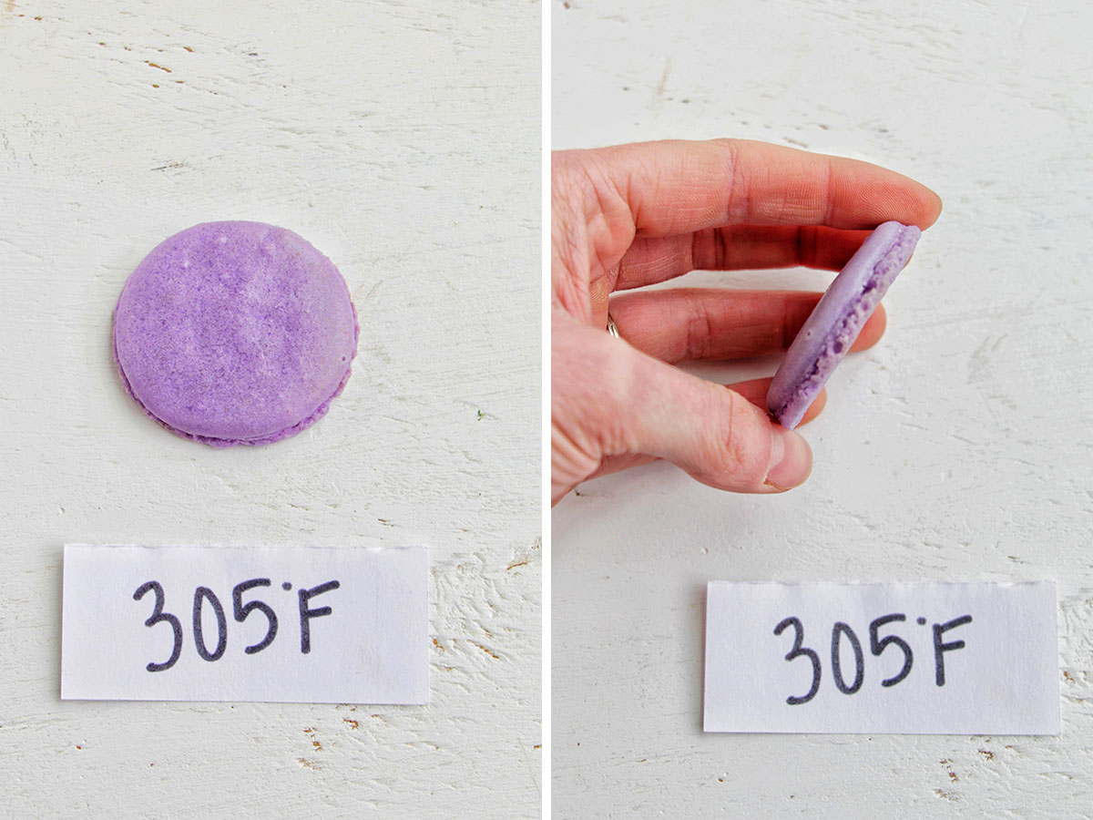 two numbered photos showing macarons baked at 305 degrees Fahrenheit.