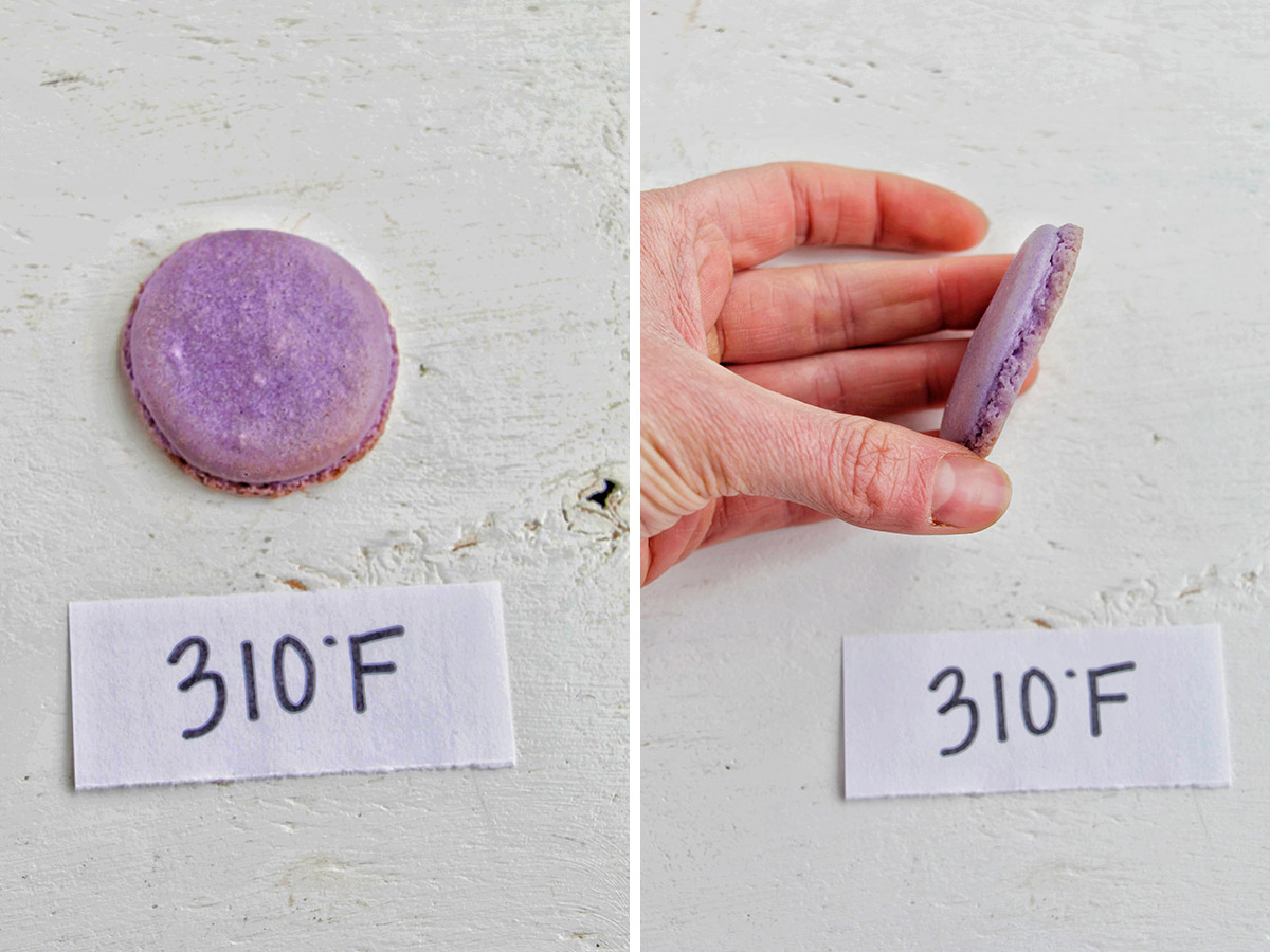 two numbered photos showing macarons baked at 310 degrees Fahrenheit.