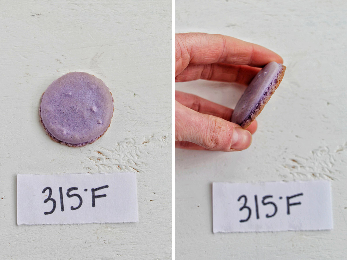 two numbered photos showing macarons baked at 315 degrees Fahrenheit.