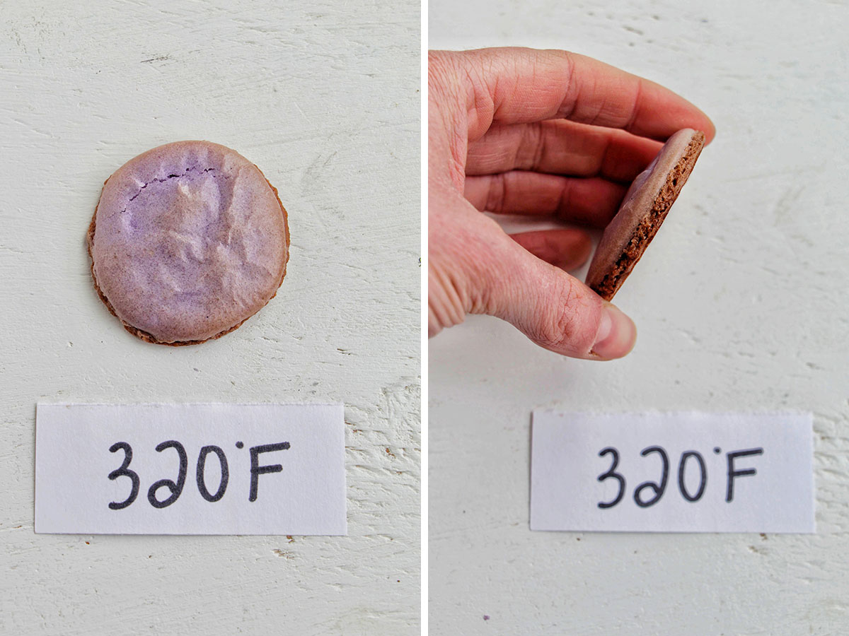two numbered photos showing macarons baked at 320 degrees Fahrenheit.
