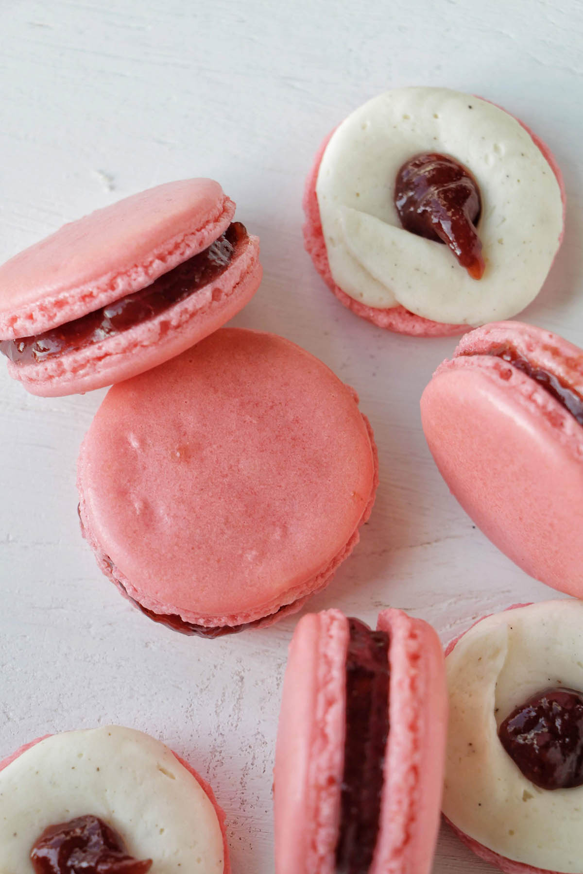 pink macarons filled with strawberry jam.
