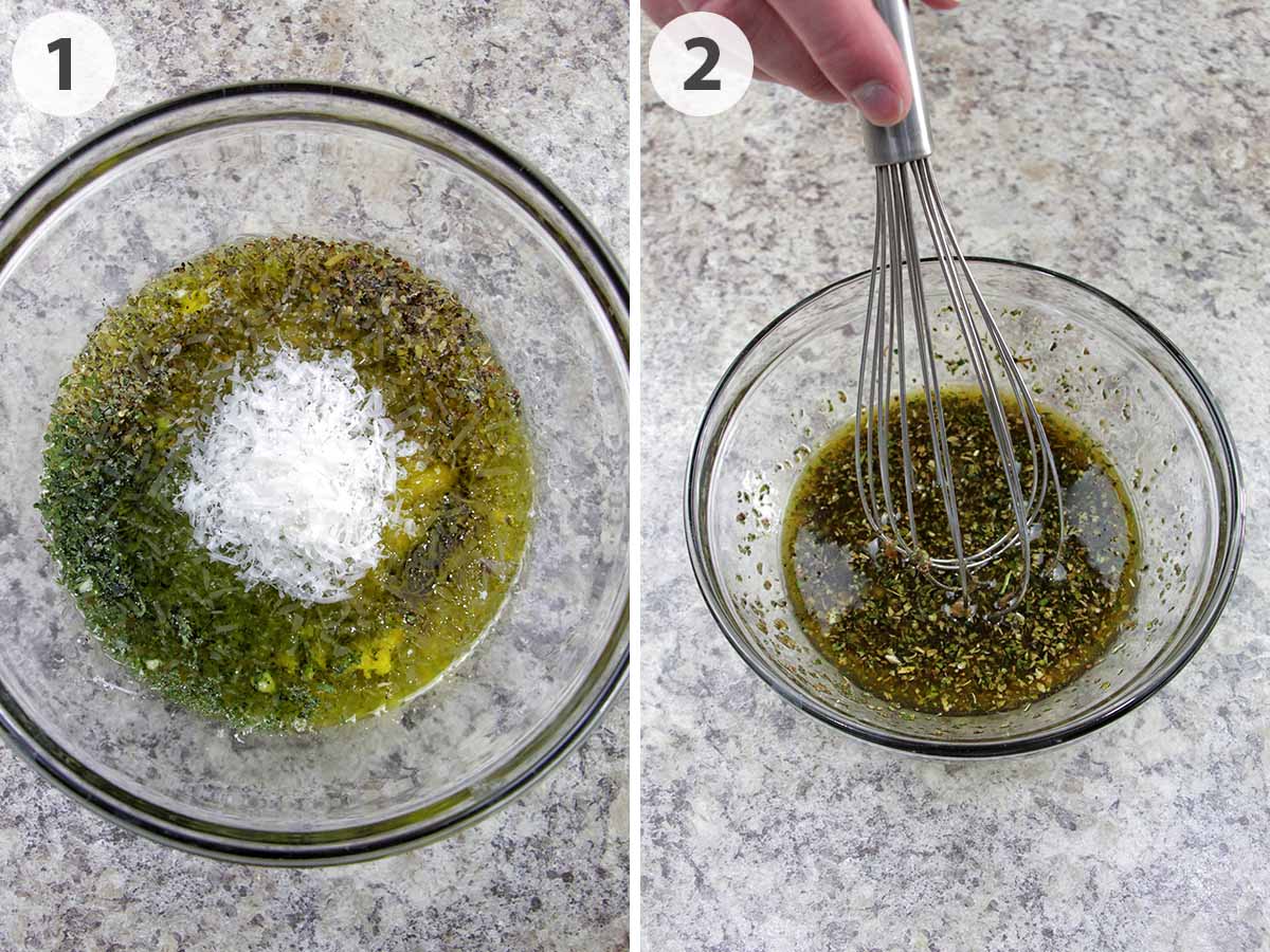 two numbered photos showing how to mix up olive oil bread dip.