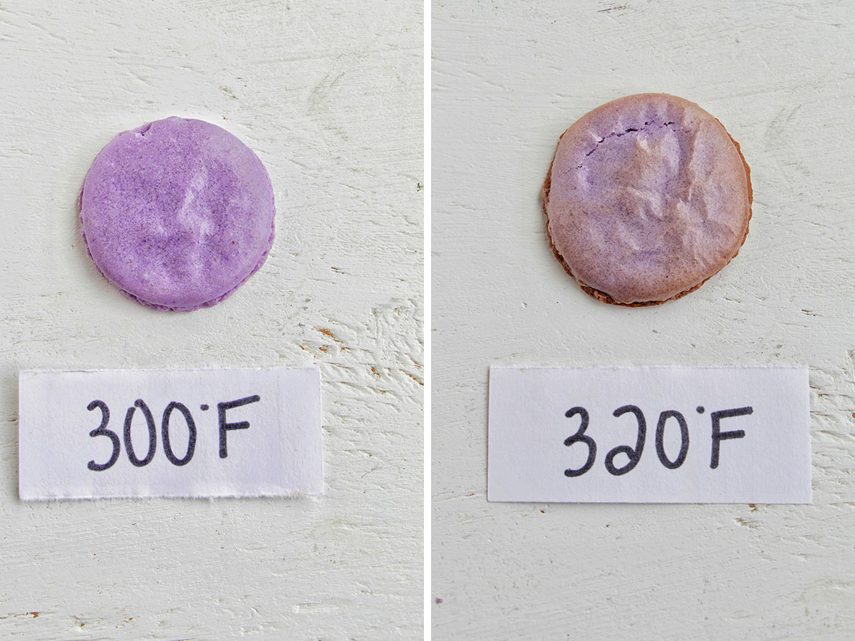 two photos showing macarons baked at 300 and 320 degrees Fahrenheit.