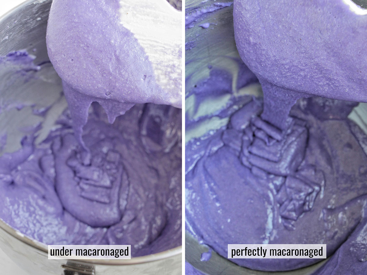 two photos comparing under macaronaged versus perfectly macaronaged macaron batter.