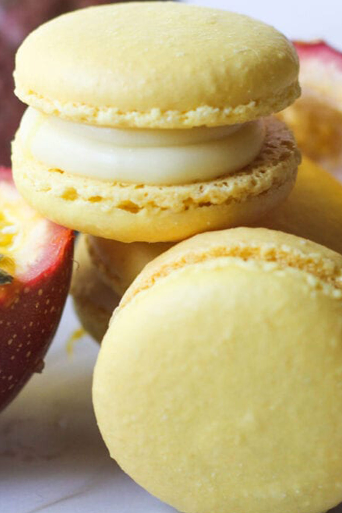yellow shelled passion fruit macarons.