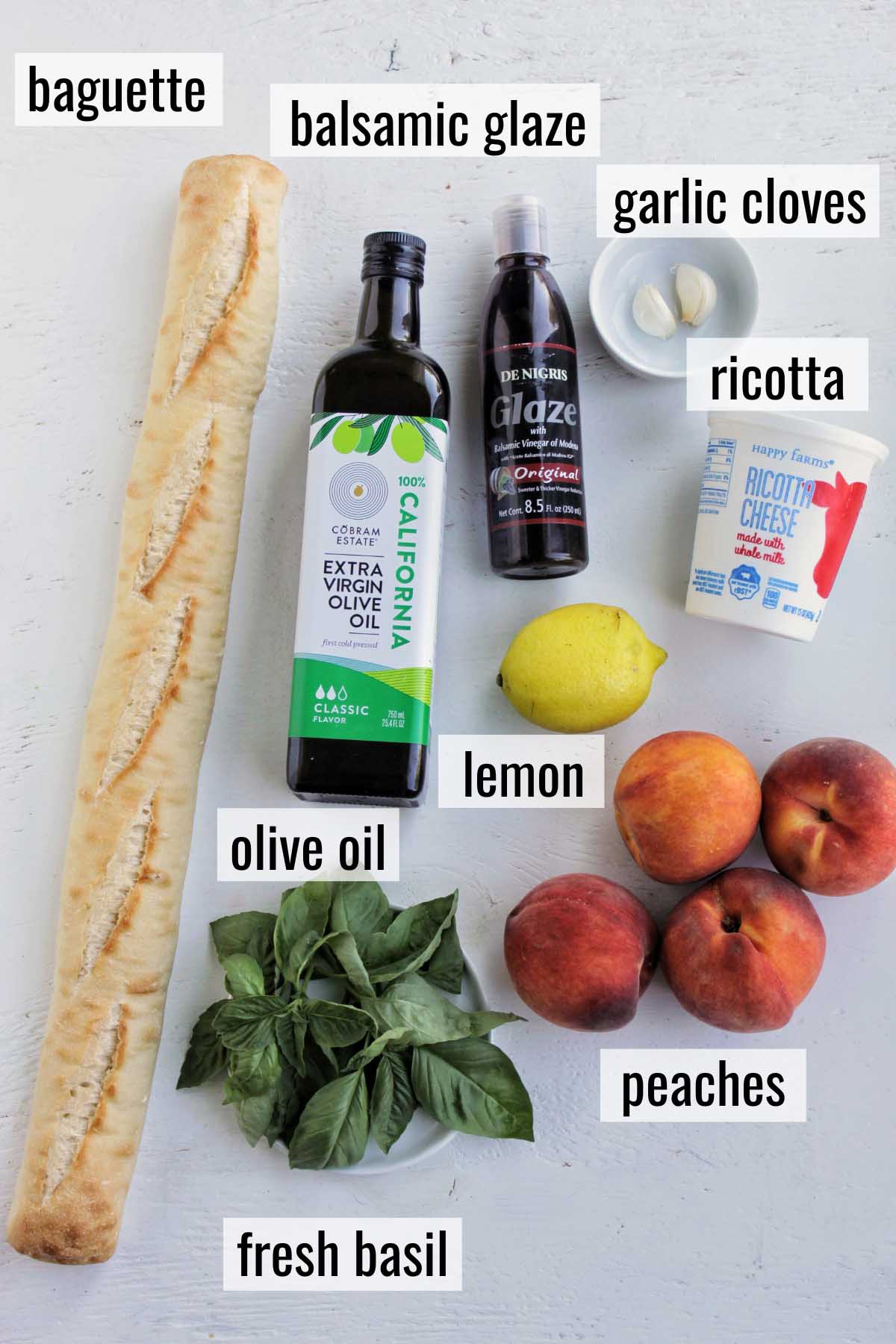 peach crostini ingredients with labels.