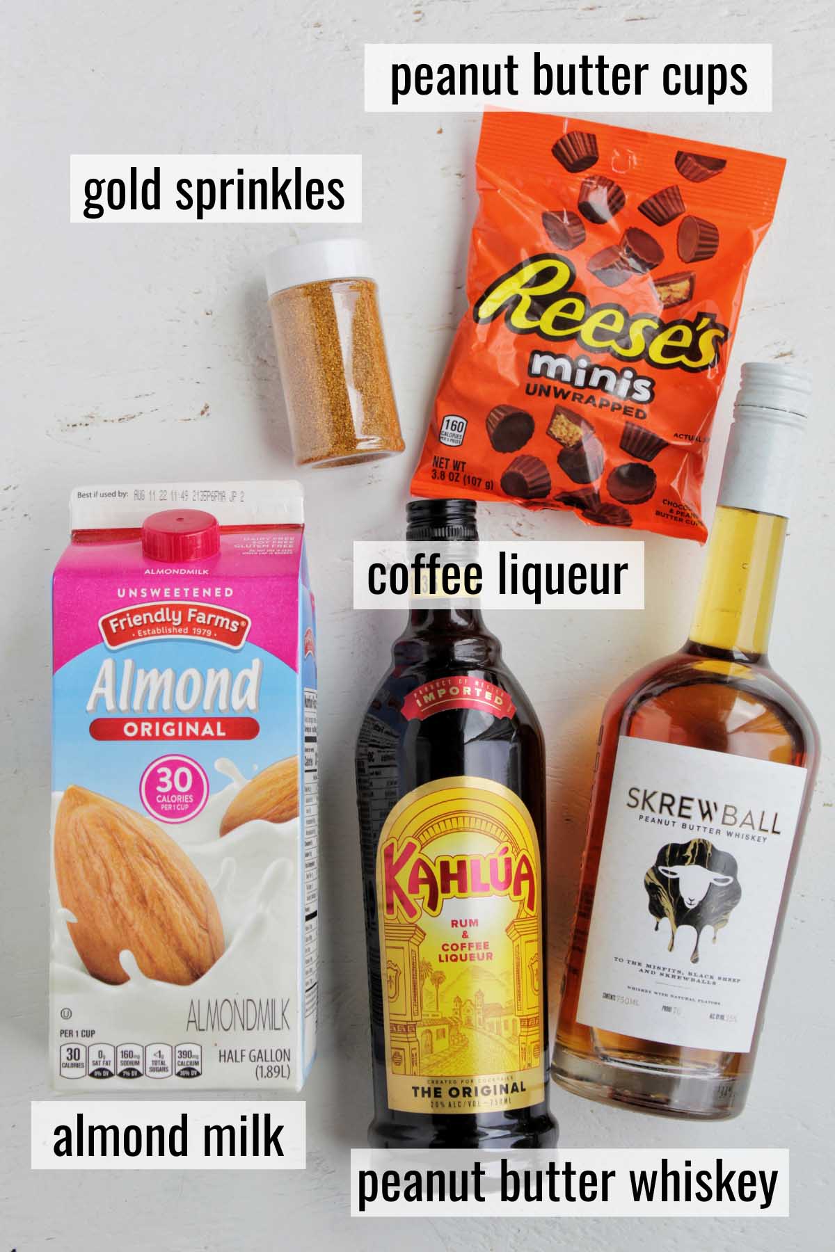 peanut butter cup shot ingredients with labels.