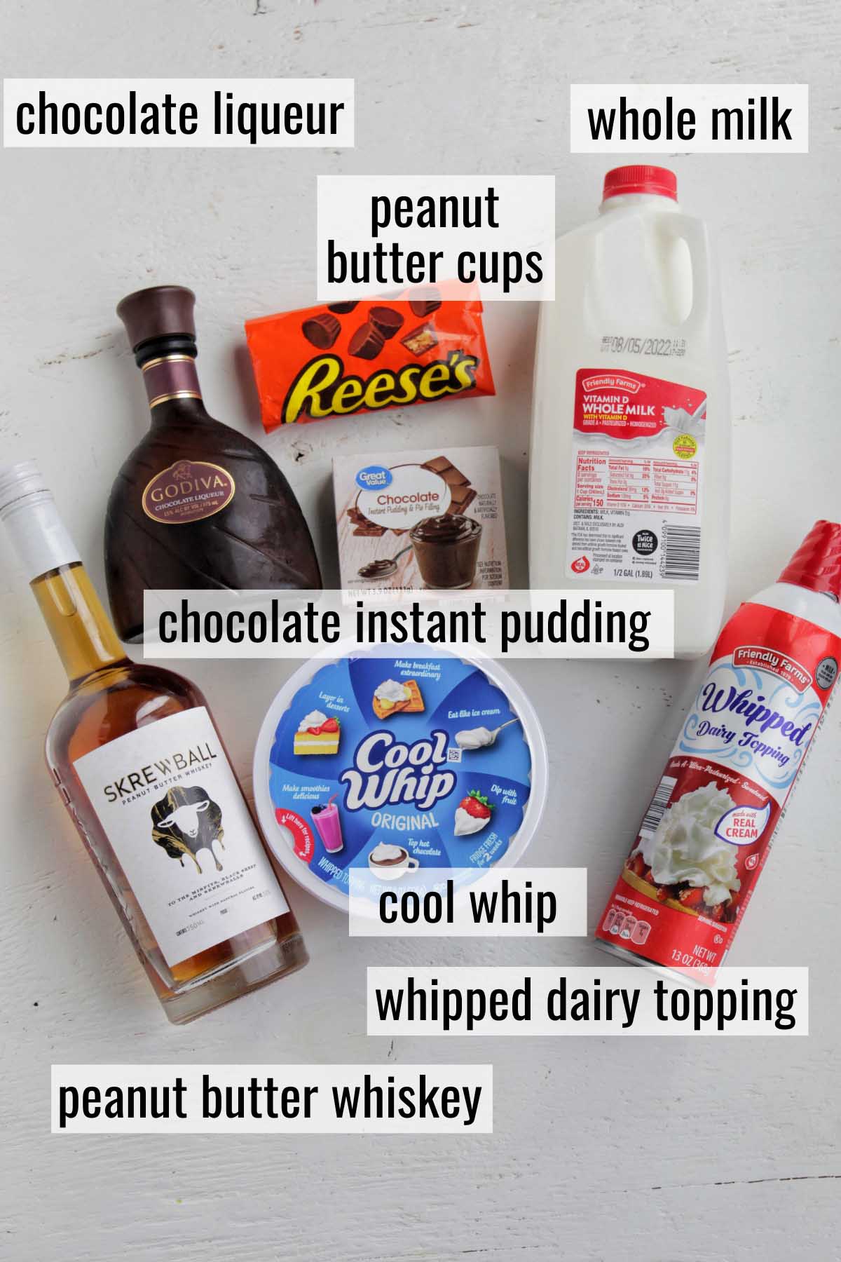 chocolate and peanut butter pudding shot ingredients with labels.