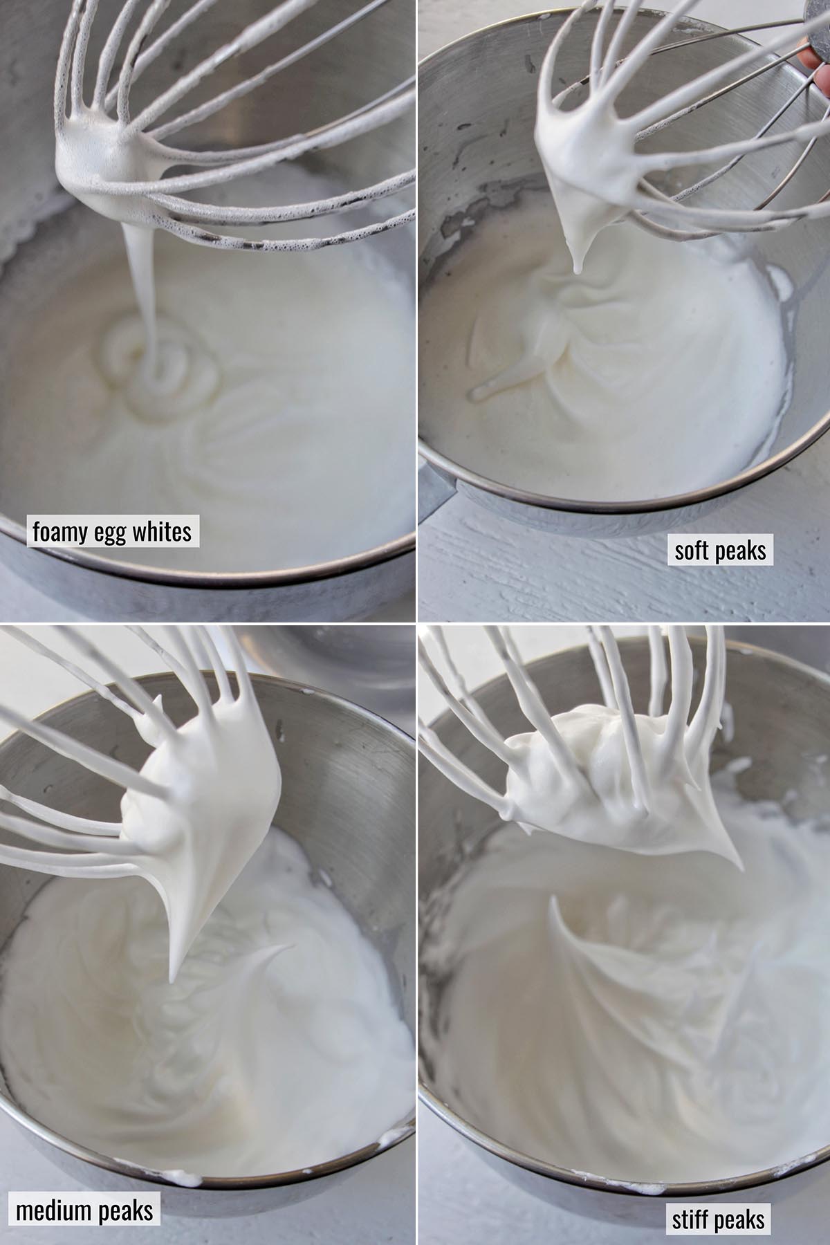 four photos showing the various stages of whipping meringue.