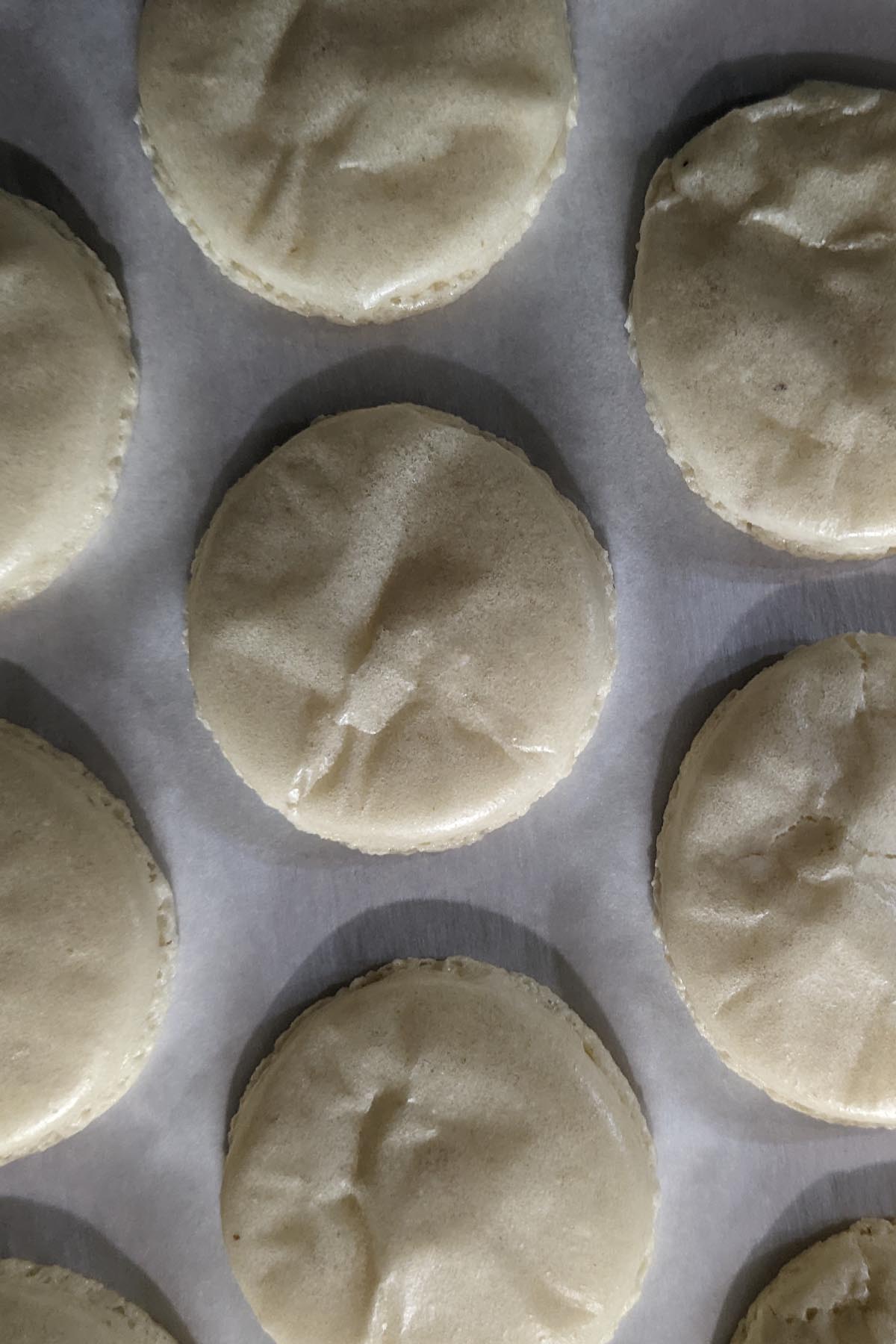 slightly wrinkled macaron shells on parchment paper.