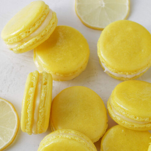yellow macarons filled with lemon curd.