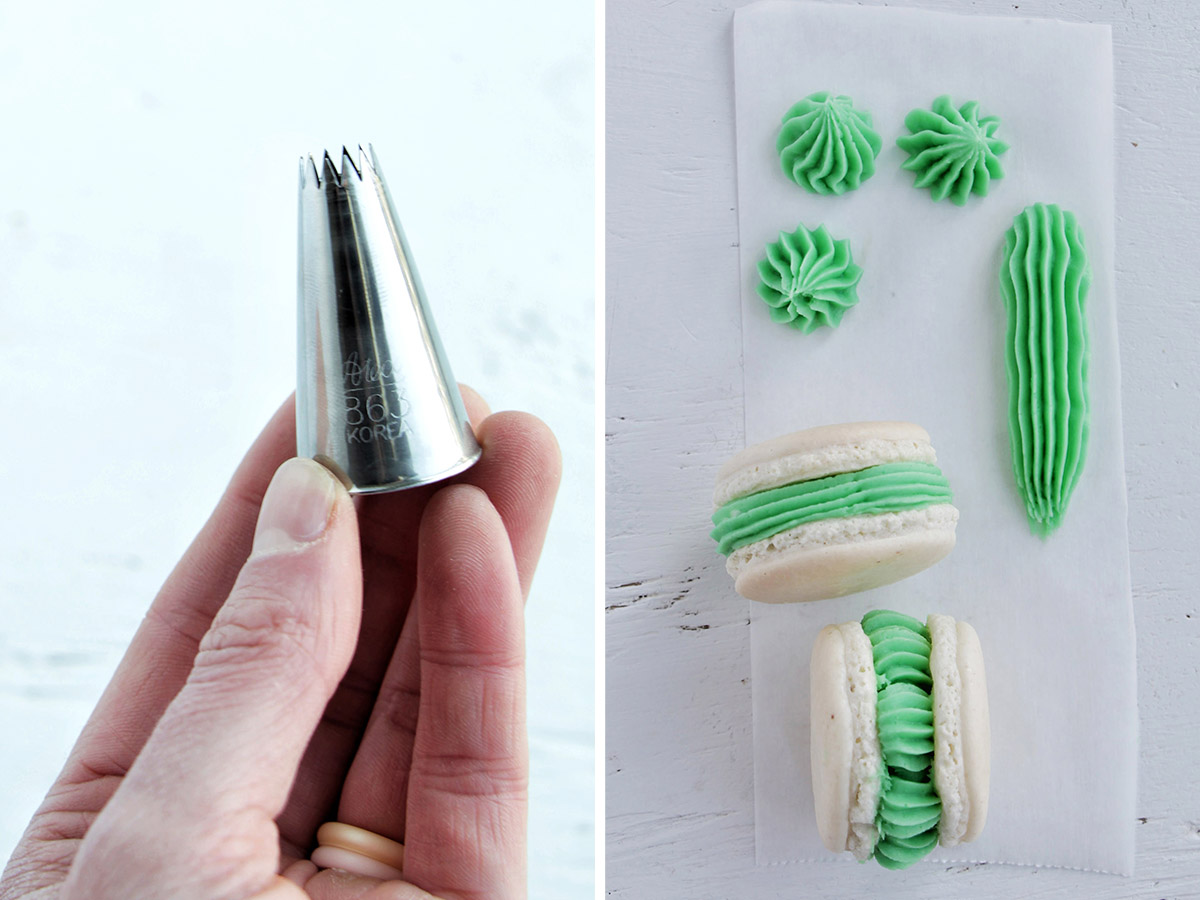 two photos showing a hand holding a piping tip and two macarons with ridged frosting.
