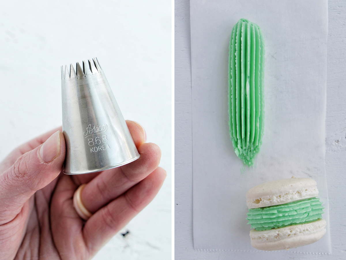 two photos showing a hand holding a piping tip and macaron with ribbed frosting.