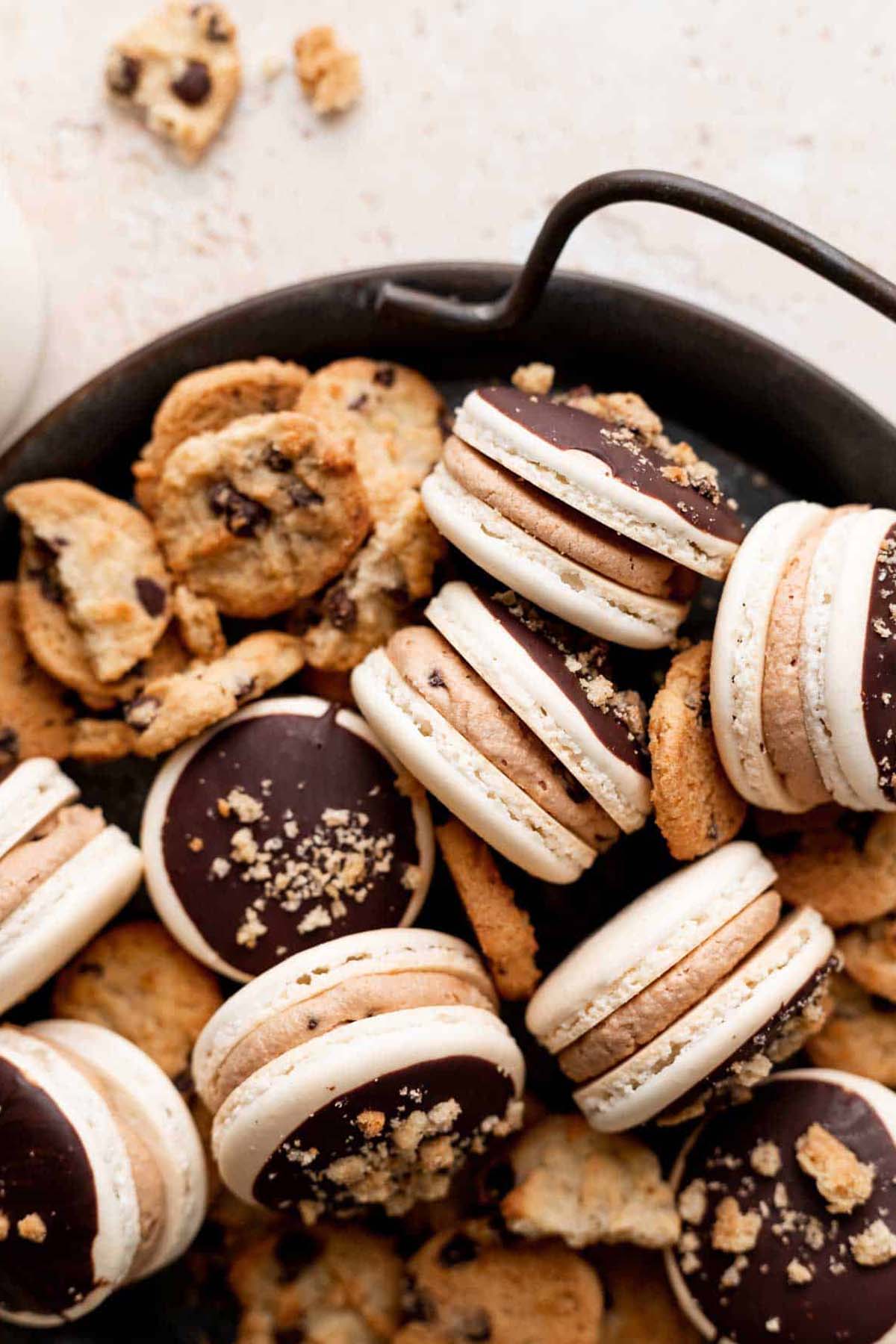 cookie dough macarons decorated with chocolate tops.