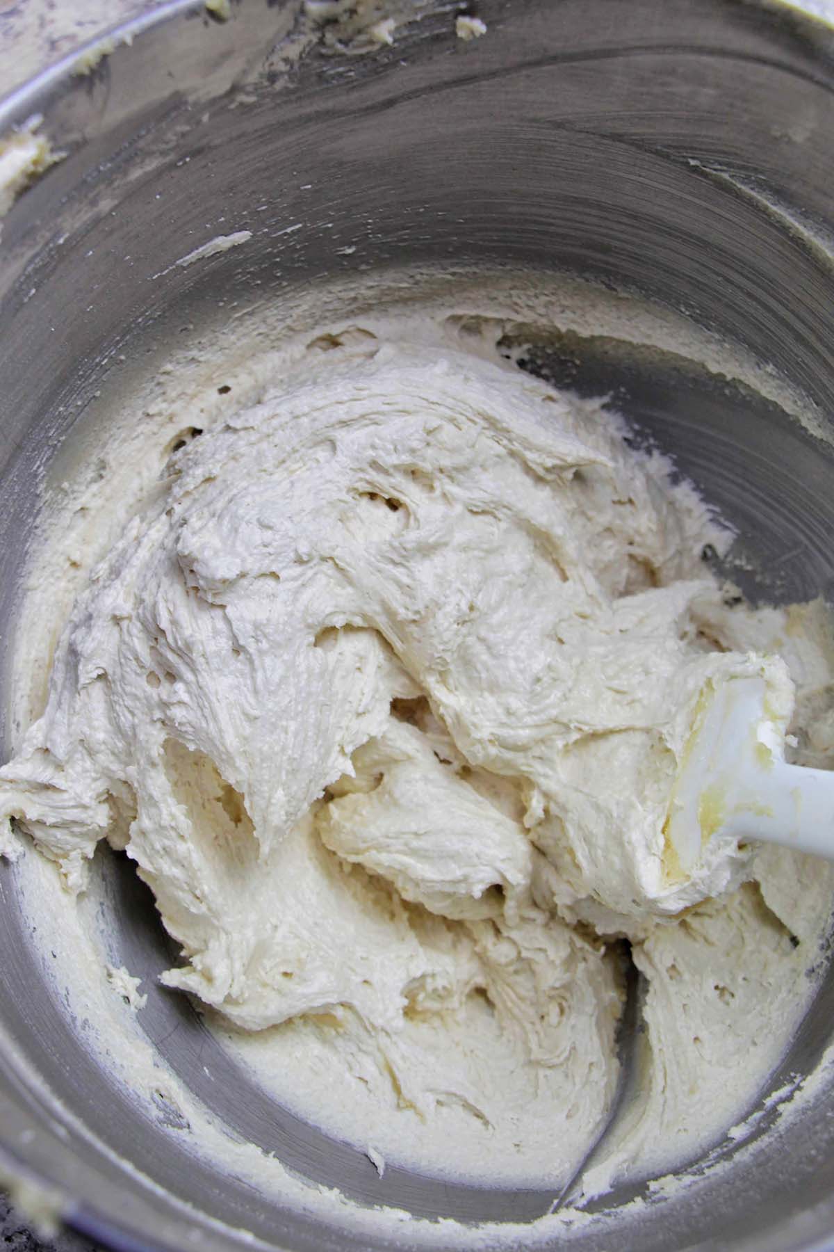 cookie dough butter cream in a mixing bowl.
