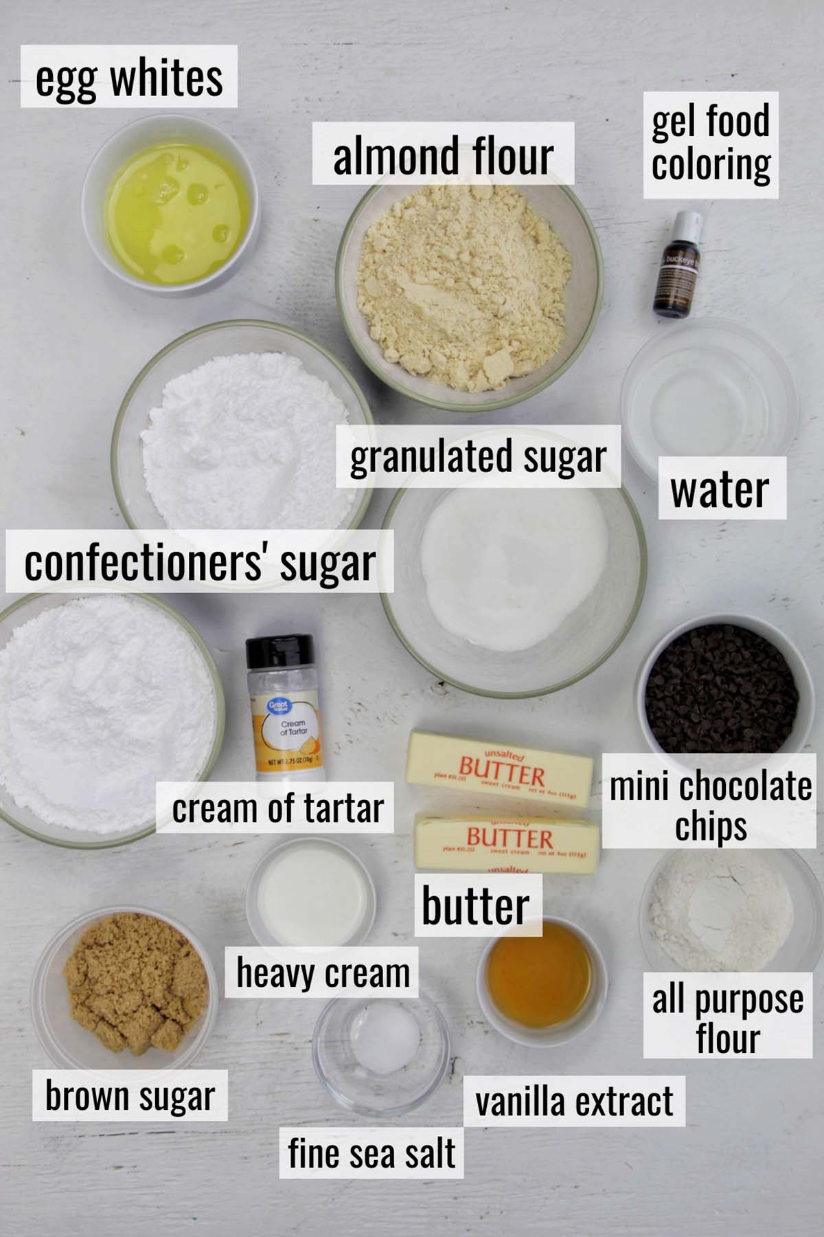 cookie dough macaron ingredients with labels.