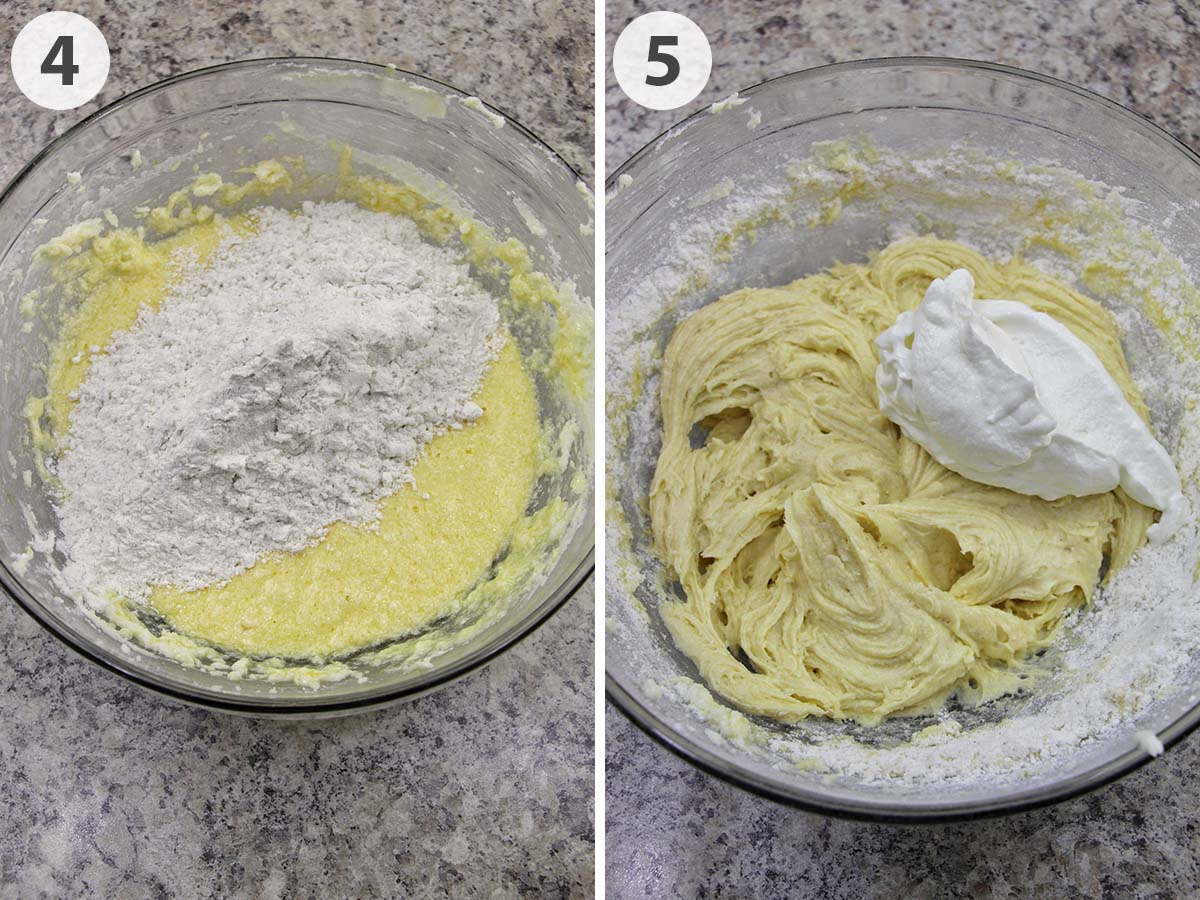 two numbered photos showing how to mix greek yogurt and flour into a batter.