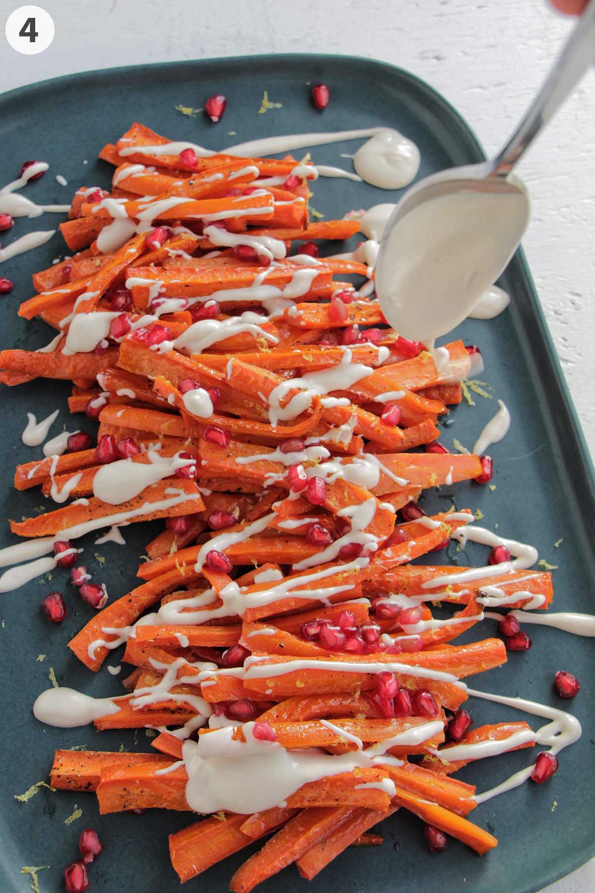 numbered photo showing spoon drizzling tahini dressing over roasted carrots.