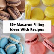 four photos of various flavored macarons.