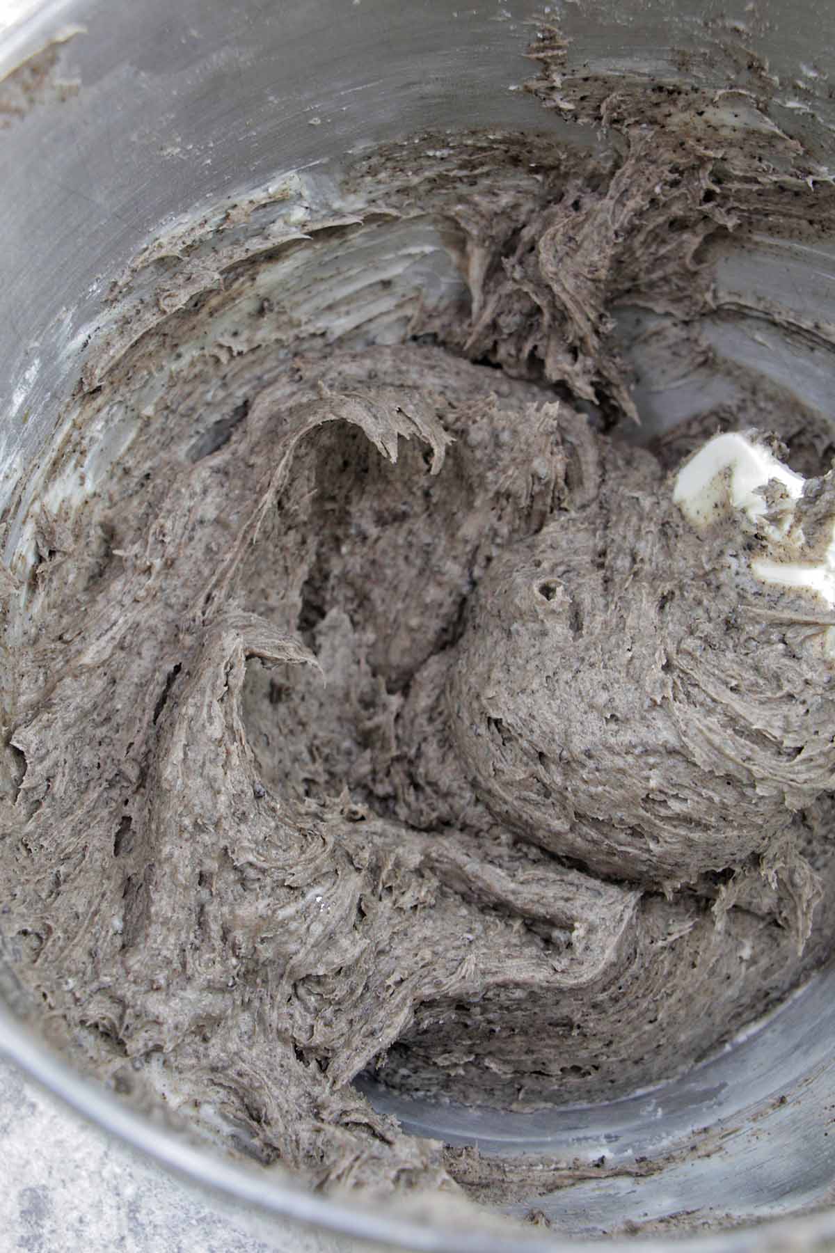 oreo buttercream in a stand mixer bowl.