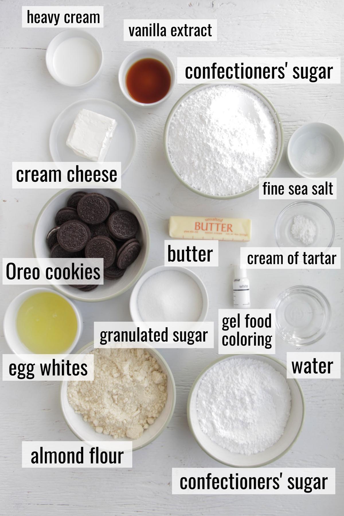 Oreo cookie macaron ingredients with labels.