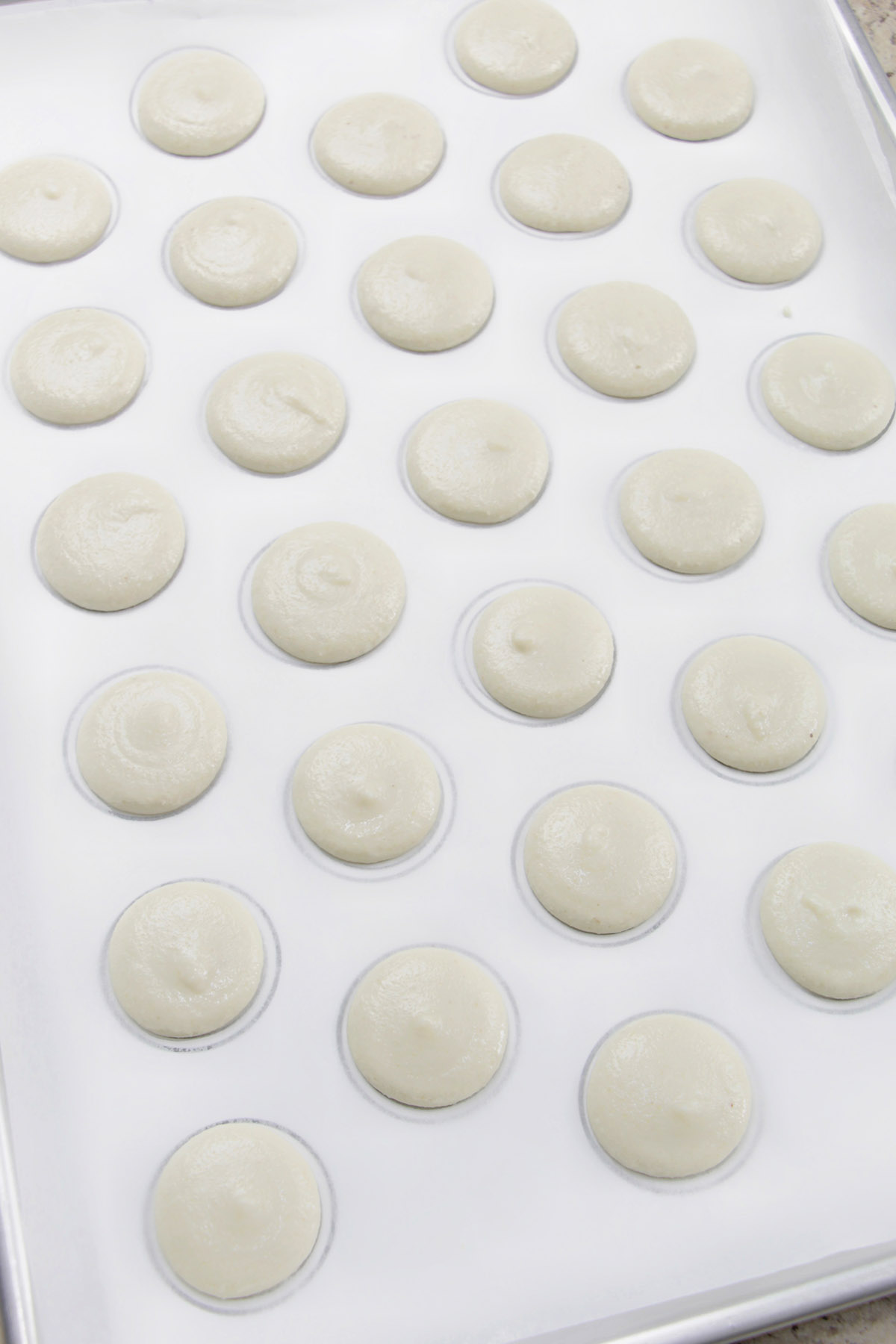 white macarons piped onto a circle piping template.