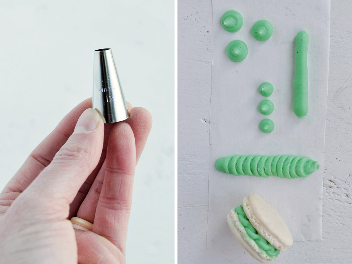 two photos showing a hand holding a piping tip and macaron with braided frosting.