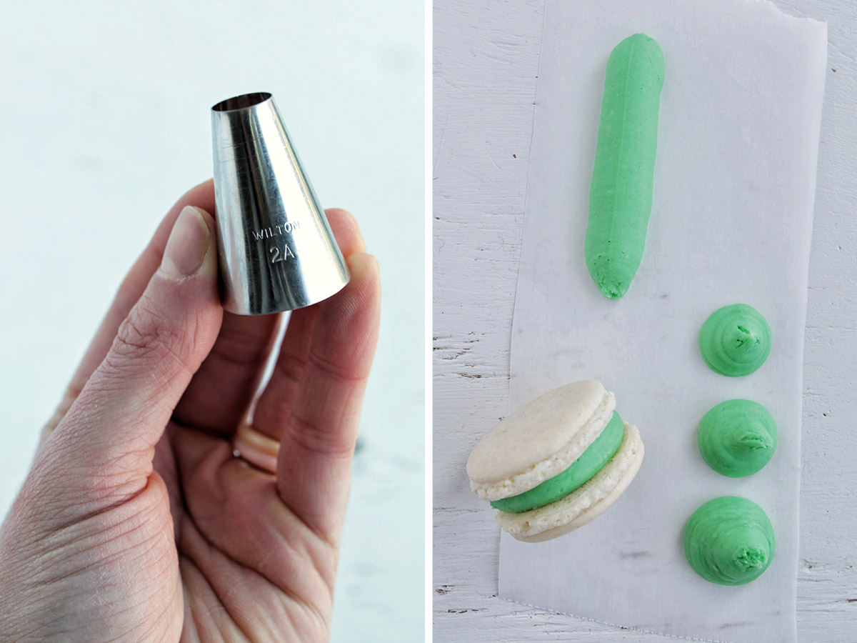 two photos showing a hand holding a piping tip and macaron with ring of frosting.