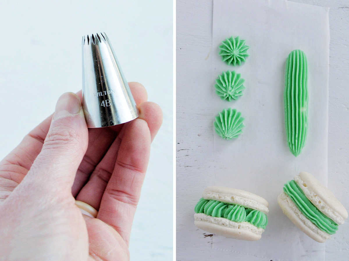 two photos showing a hand holding a piping tip and two macarons with ridged frosting.