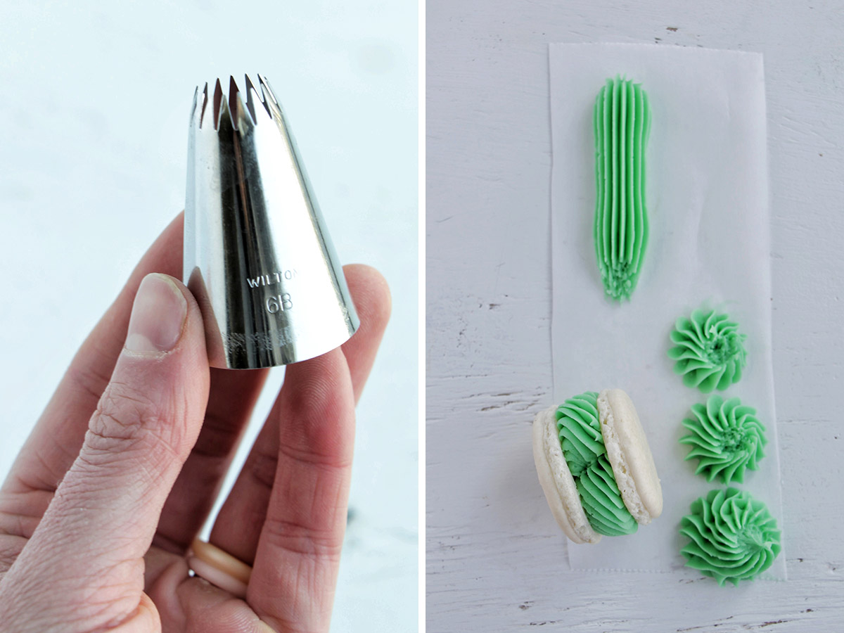 two photos showing a hand holding a piping tip and macaron with swirl frosting.