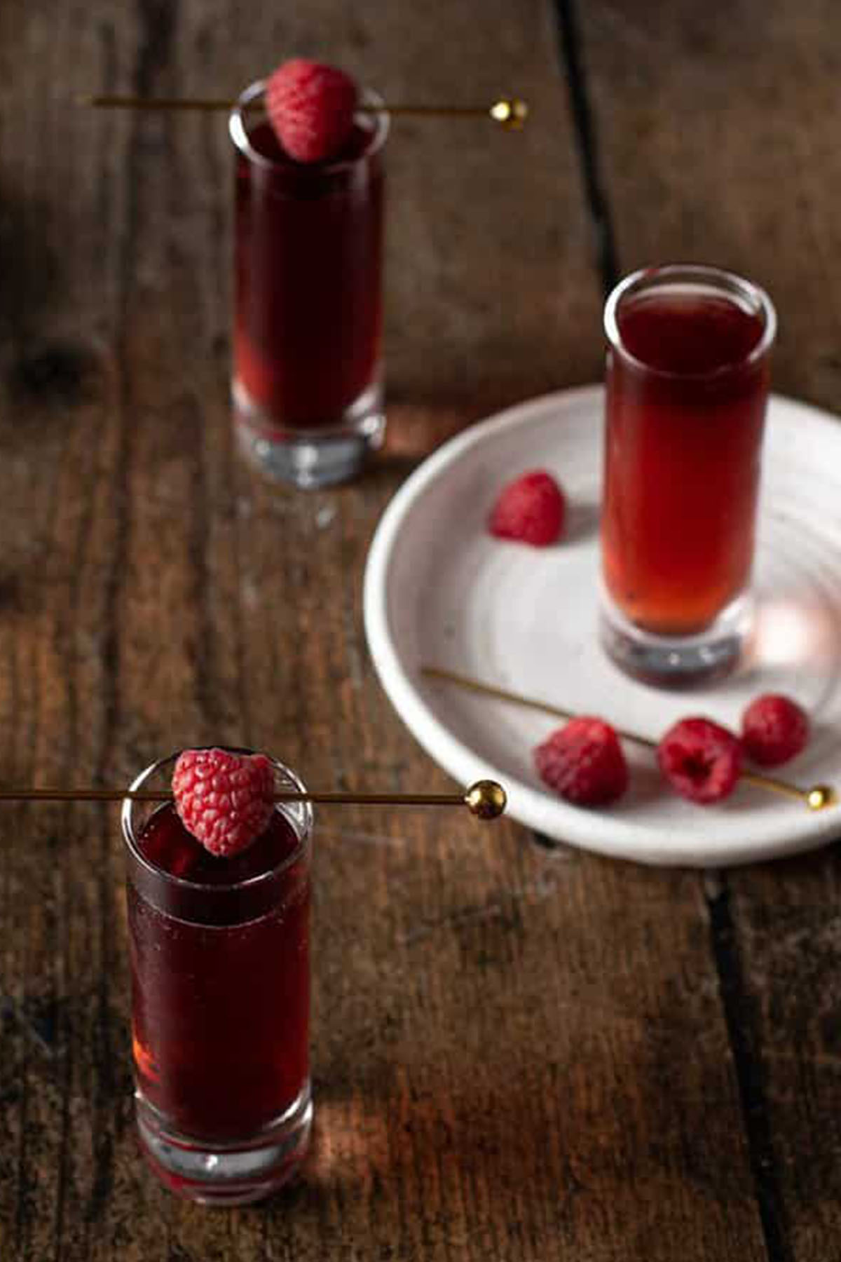 three raspberry jelly and peanut butter shots.