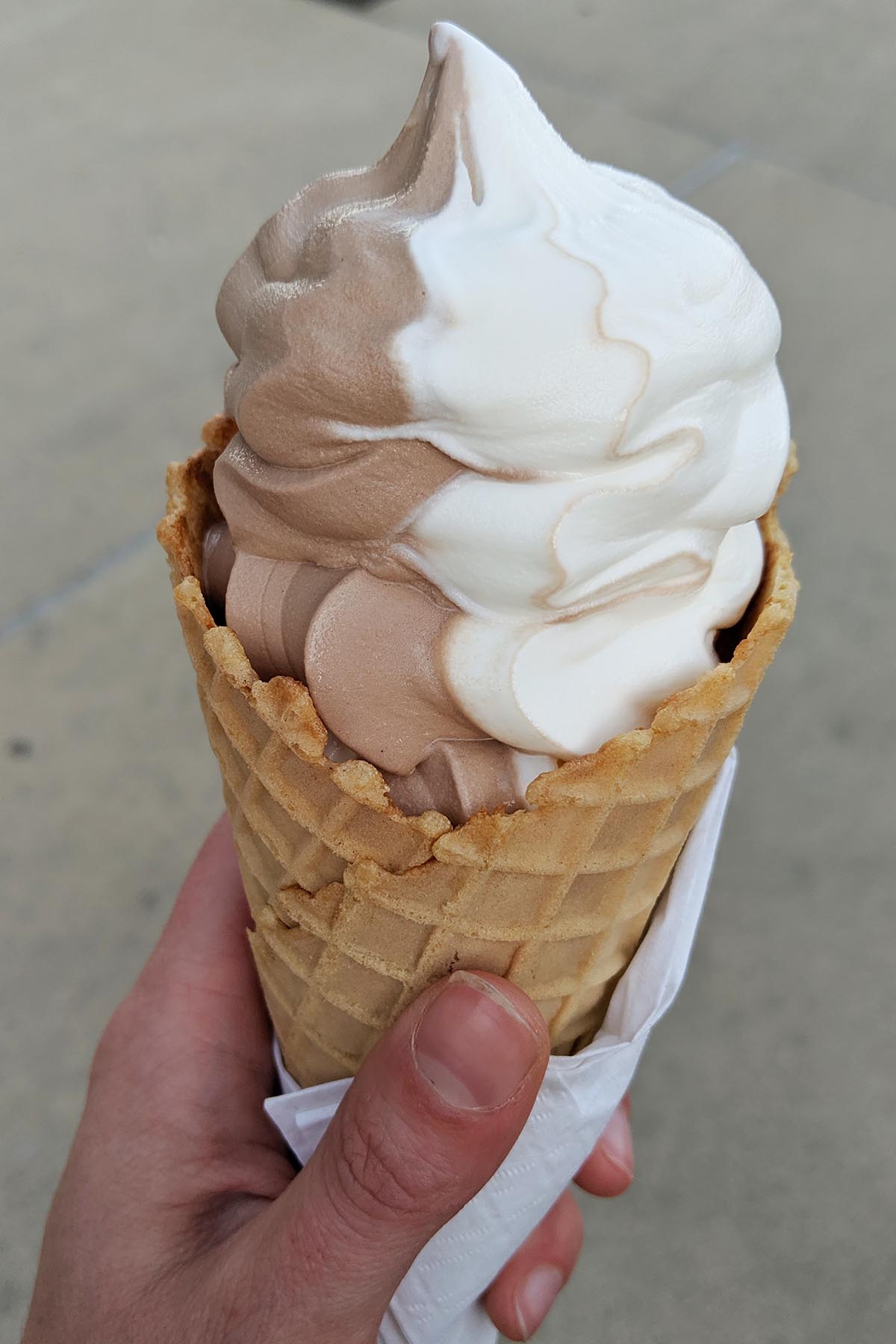 hand holding a cone with frozen yogurt.
