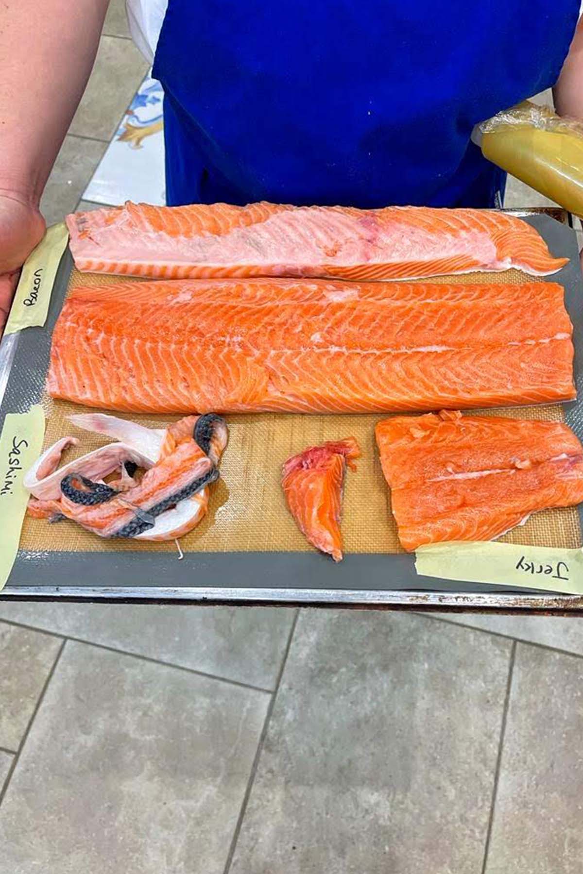 fabricated salmon cut into parts for jerky, sashimi, and bacon.
