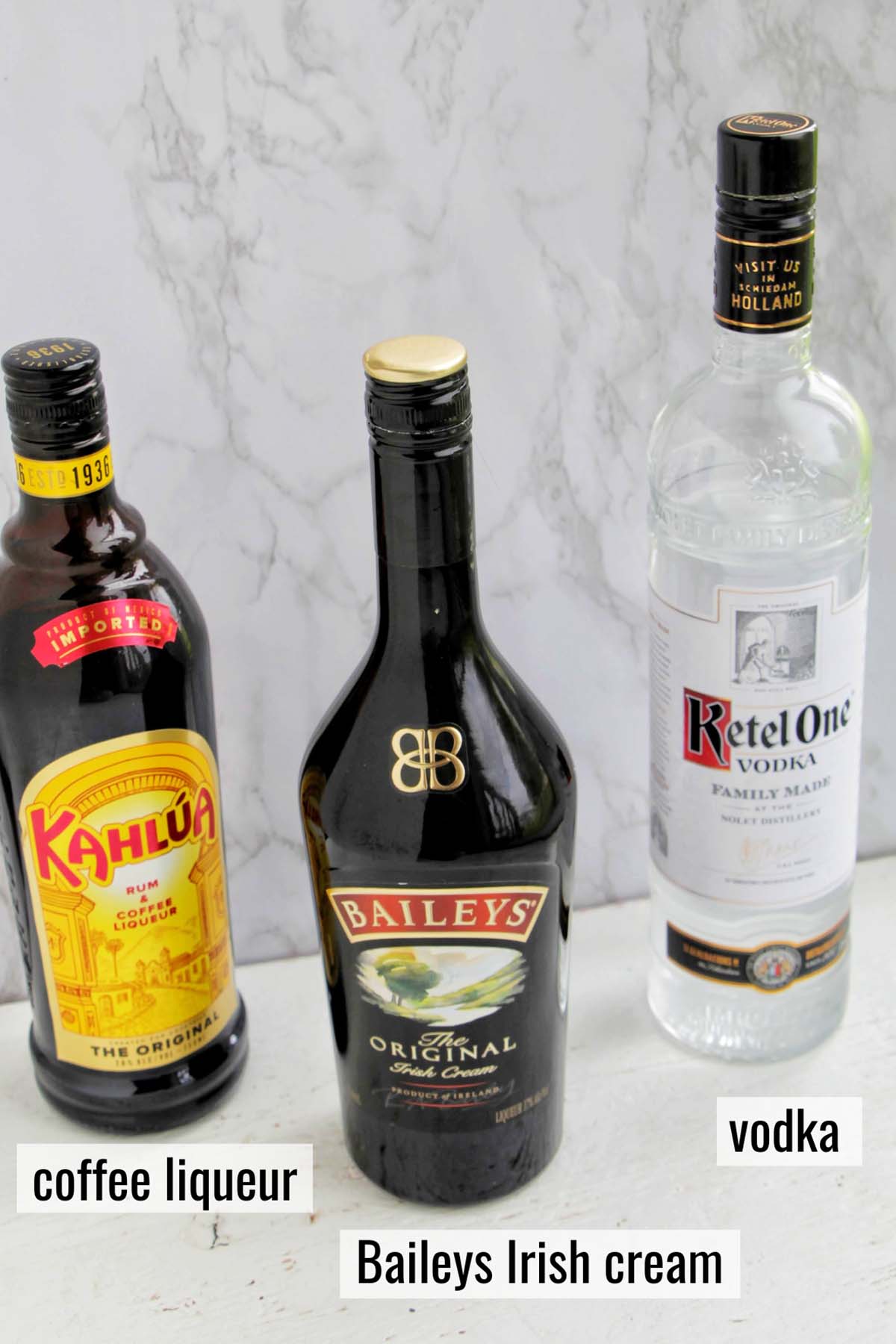 baileys white russian cocktail ingredient with labels.