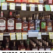 liquor store shelf with bottles of whiskey with text overlay.