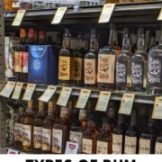 liquor store shelf with bottles of rum with text overlay.
