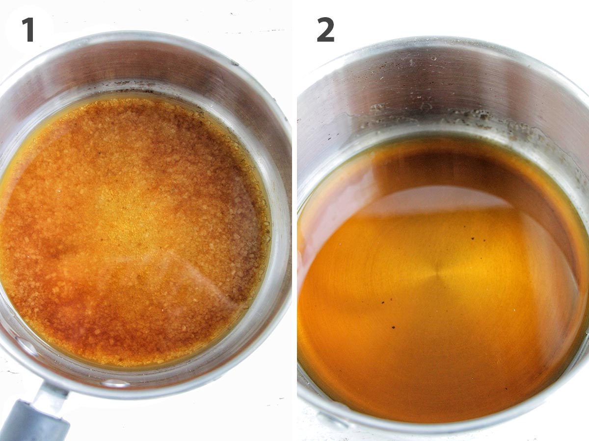 two numbered photos showing how to make demerara sugar syrup.