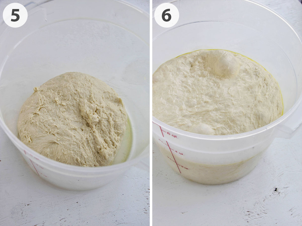 two numbered photo showing focaccia dough rising.