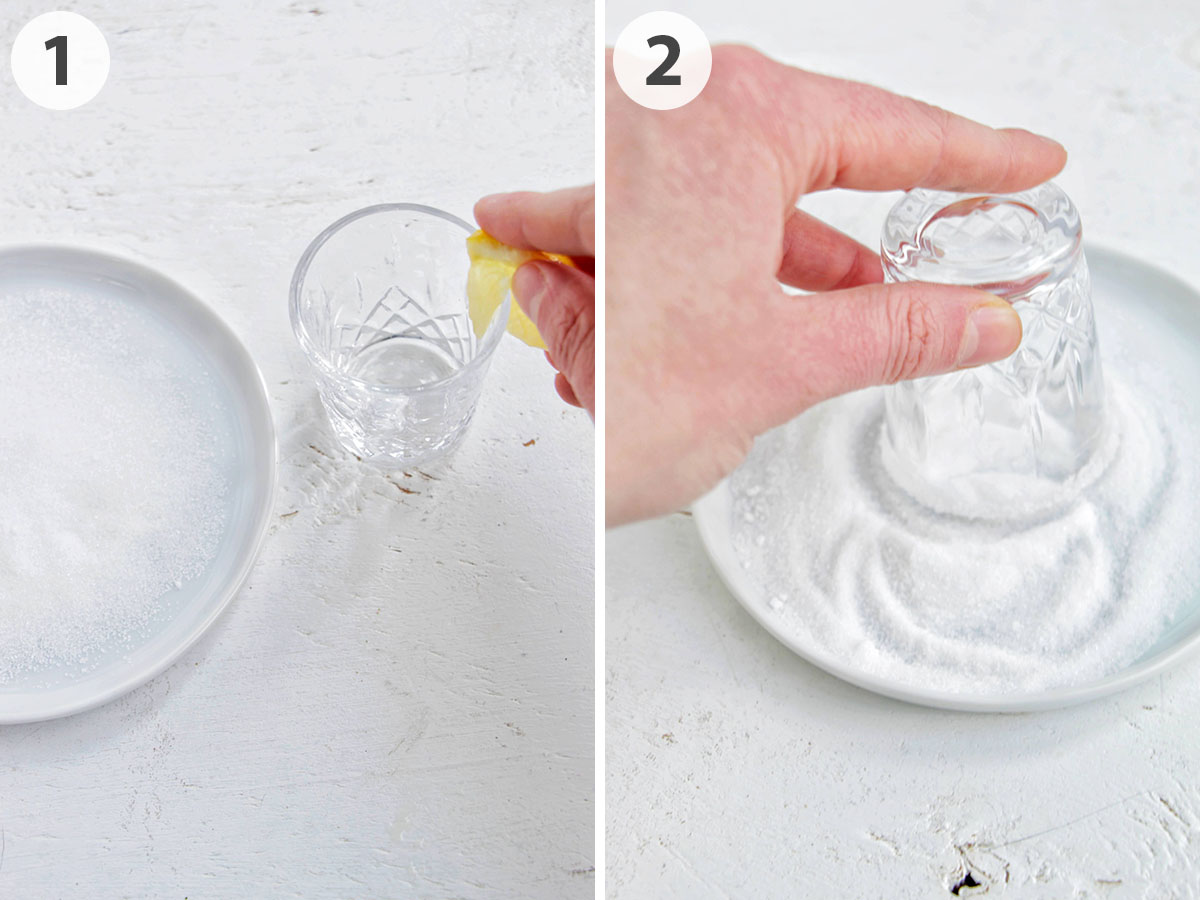 two numbered photos showing how to rim a shot glass in sugar.