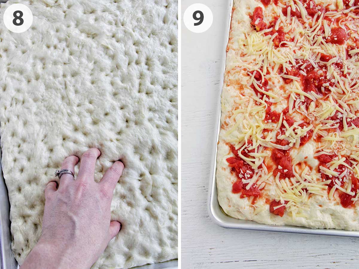 two numbered photos showing how to dimple and top focaccia bread with toppings.