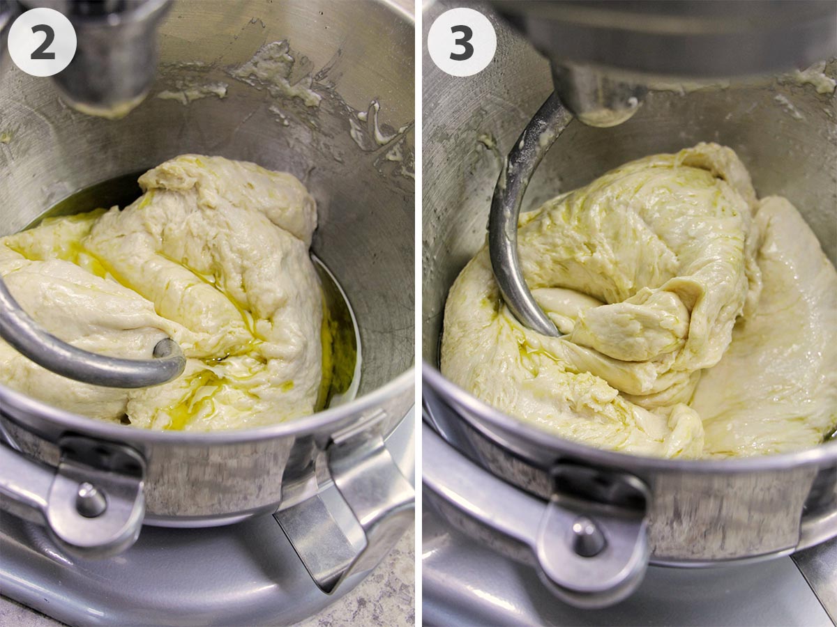 two numbered photos showing mixing olive oil into focaccia dough.