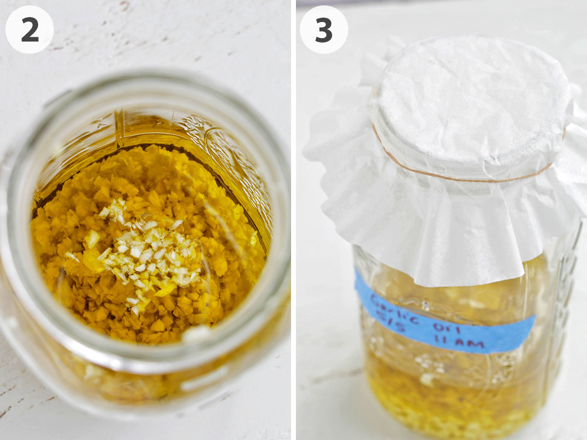 two numbered photos show how to infuse garlic olive oil.