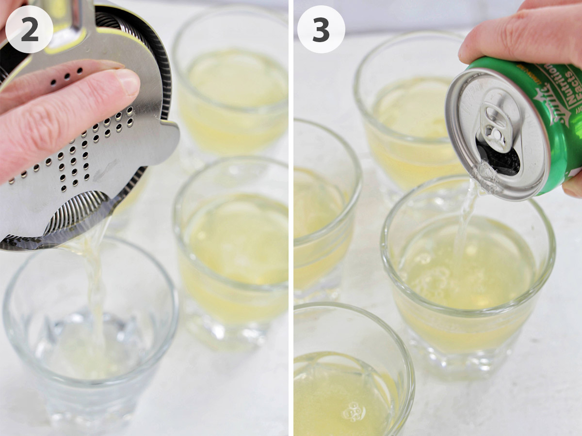 two numbered photos showing how to strain and top green tea shots with lemon lime soda.